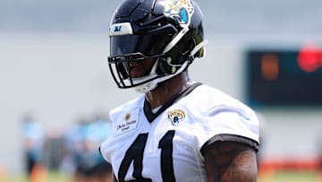 Jacksonville Jaguars defensive end Josh Hines-Allen (41) looks on during the first organized team activity at Miller Electric Center Monday, May 19, 2025 in Jacksonville, Fla.
