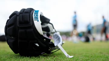 The helmet of Jacksonville Jaguars wide receiver Joshua Cephus (19) lies on the turf during a combined NFL football training camp session between the Tampa Bay Buccaneers and Jacksonville Jaguars Thursday, Aug. 15, 2024 at EverBank Stadium’s Miller Electric Center in Jacksonville, 