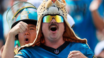 Jacksonville Jaguars fan Doug Speed reacts to a missed field goal from the Houston Texans during the first quarter of an NFL football matchup at EverBank Stadium, Sunday, Sept. 21, 2025, in Jacksonville, Fla. The Jaguars defeated the Texans 17-10. 