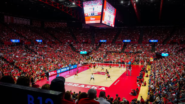 A record crowd watches the match between the Nebraska Cornhuskers and the Wisconsin Badgers at the Bob Devaney Sports Center.