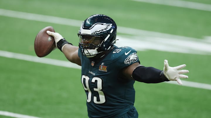 Eagles defensive tackle Milton Williams celebrates during Super Bowl LIX. 