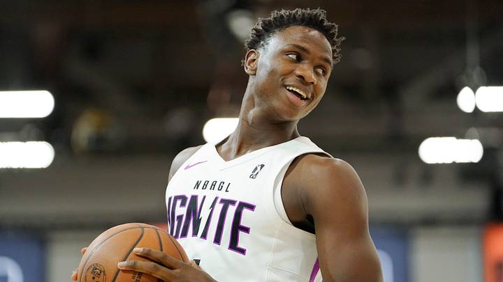 Dec 20, 2022; Las Vegas, NV, USA; NBA G League Ignite guard Babacar Sane (4) reacts during the first half against the Motor City Cruise at Mandalay Bay Convention Center. Mandatory Credit: Lucas Peltier-USA TODAY Sports Dec 20, 2022; Las Vegas, NV, USA; NBA G League Ignite guard Babacar Sane (4) reacts during the first half against the Motor City Cruise at Mandalay Bay Convention Center. Mandatory Credit: Lucas Peltier-USA TODAY Sports