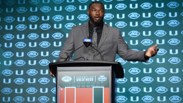 Jul 24, 2024; Charlotte, NC, USA;  Miami Hurricanes offensive lineman Jalen Rivers speaks to the media during the ACC Kickoff at Hilton Charlotte Uptown. Mandatory Credit: Jim Dedmon-USA TODAY Sports