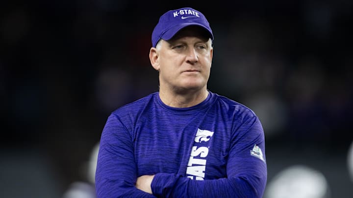 Dec 26, 2024; Phoenix, AZ, USA; Kansas State Wildcats head coach Chris Klieman prior to the game against the Rutgers Scarlet Knights during the Rate Bowl at Chase Field. Mandatory Credit: Mark J. Rebilas-Imagn Images
