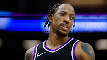 Apr 16, 2025; Sacramento, California, USA; Sacramento Kings forward DeMar DeRozan (10) looks on during the fourth quarter against the Dallas Mavericks at Golden 1 Center. Mandatory Credit: Sergio Estrada-Imagn Images