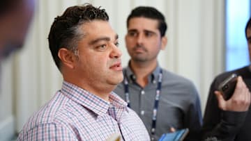 Nov 8, 2022; Las Vegas, NV, USA; Los Angeles Angels general manager Perry Minasian answers questions to the media during the MLB GM Meetings at The Conrad Las Vegas. Mandatory Credit: Lucas Peltier-Imagn Images
