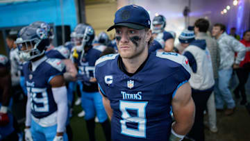 Tennessee Titans quarterback Will Levis (8) waits to enter the field before the Titans play the Bengals at Nissan Stadium in Nashville, Tenn., Sunday, Dec. 15, 2024.