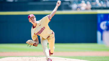 May 26, 2024; Charlotte, NC, USA; Florida State Seminoles pitcher Carson Dorsey (9) starts against the Duke Blue Devils during the ACC Baseball Tournament at Truist Field. Mandatory Credit: Scott Kinser-USA TODAY Sports