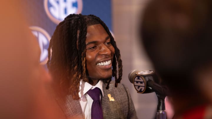 Jul 15, 2024; Dallas, TX, USA; LSU linebacker Harold Perkins speaking to the media at Omni Dallas Hotel. Mandatory Credit: Brett Patzke-USA TODAY Sports