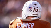 Nov 23, 2024; Austin, Texas, USA; Texas Longhorns left guard Hayden Conner (76) during pregame against the Kentucky Wildcats at Darrell K Royal-Texas Memorial Stadium. Mandatory Credit: Brett Patzke-Imagn Images
