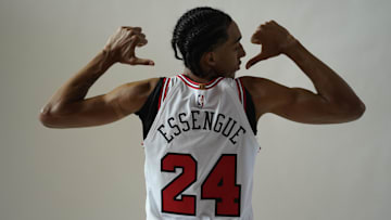 Sep 29, 2025; Chicago, IL, USA; Chicago Bulls forward Noa Essengue (24) poses for photos during Chicago Bulls Media Day. Mandatory Credit: David Banks-Imagn Images