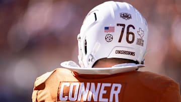 Nov 23, 2024; Austin, Texas, USA; Texas Longhorns left guard Hayden Conner (76) during pregame against the Kentucky Wildcats at Darrell K Royal-Texas Memorial Stadium. Mandatory Credit: Brett Patzke-Imagn Images