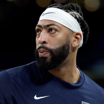 Jul 31, 2024; Villeneuve-d'Ascq, France; United States center Anthony Davis (14) in the second quarter against South Sudan during the Paris 2024 Olympic Summer Games at Stade Pierre-Mauroy. Mandatory Credit: John David Mercer-USA TODAY Sports