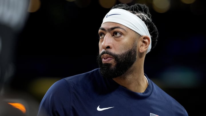 Jul 31, 2024; Villeneuve-d'Ascq, France; United States center Anthony Davis (14) in the second quarter against South Sudan during the Paris 2024 Olympic Summer Games at Stade Pierre-Mauroy. Mandatory Credit: John David Mercer-USA TODAY Sports