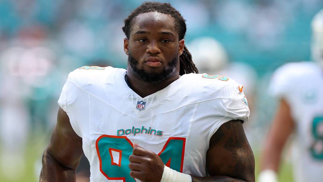 Miami Dolphins defensive tackle Jordan Phillips looks on before a game against the New England Patriots at Hard Rock Stadium in 2025.