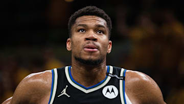 Apr 29, 2025; Indianapolis, Indiana, USA; Milwaukee Bucks forward Giannis Antetokounmpo (34) during game five of the first round for the 2024 NBA Playoffs against the Indiana Pacers at Gainbridge Fieldhouse. Mandatory Credit: Trevor Ruszkowski-Imagn Images