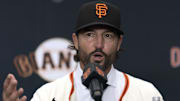 Oct 30, 2025; San Francisco, CA, USA;  Tony Vitello answers questions from the media as he is introduced as the new manager of the San Francisco Giants at Oracle Park. Mandatory Credit: D. Ross Cameron-Imagn Images
