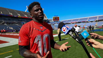 Feb 2, 2024; Orlando, FL, USA;  Miami Dolphins wide receiver Tyreek Hill (10) participates in the AFC versus NFC Pro Bowl practice and media day at Camping World Stadium. Mandatory Credit: Nathan Ray Seebeck-Imagn Images