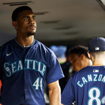 Seattle Mariners center fielder Julio Rodriguez stands in the dugout after a loss against the Baltimore Orioles on July 3 at T-Mobile Park.