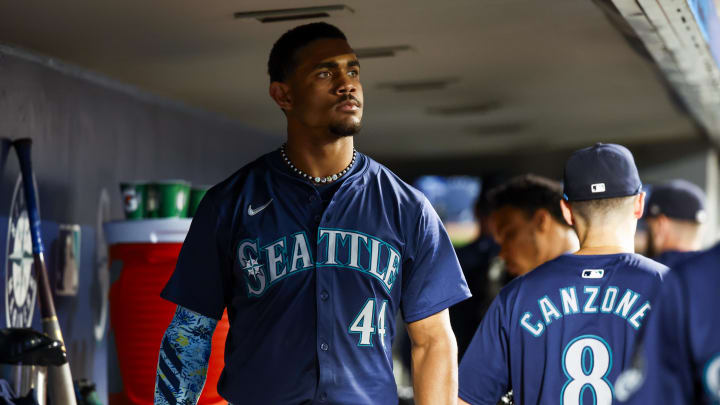 Seattle Mariners center fielder Julio Rodriguez stands in the dugout after a loss against the Baltimore Orioles on July 3 at T-Mobile Park.