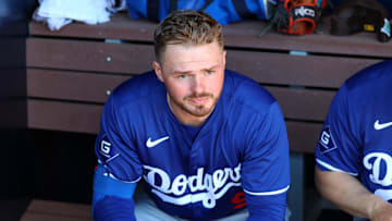 Feb 22, 2024; Peoria, Arizona, USA; Los Angeles Dodgers infielder Gavin Lux against the San Diego