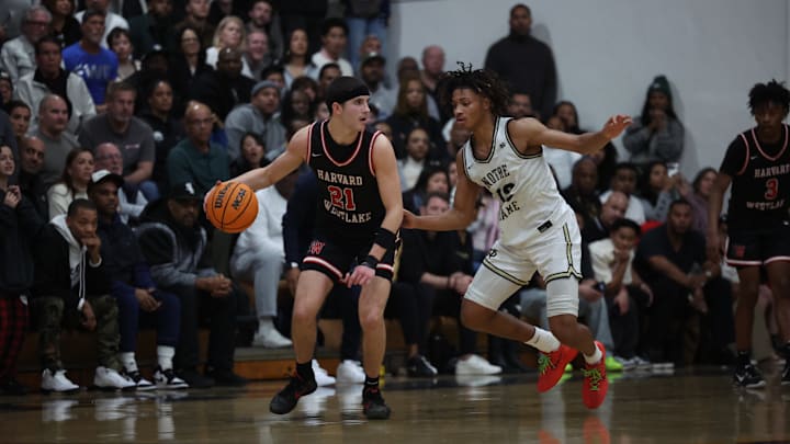 Harvard-Westlake’s Joe Sterling handles the ball against Notre Dame’s Josiah Nance in a Mission League showdown Friday night.