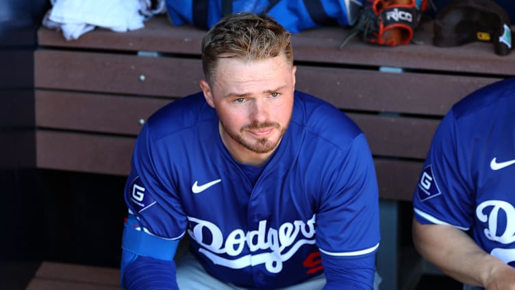 Feb 22, 2024; Peoria, Arizona, USA; Los Angeles Dodgers infielder Gavin Lux against the San Diego