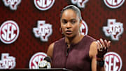 Oct 15, 2025; Birmingham, Alabama, USA; Texas A&M women’s coach Joni Taylor speaks at SEC Media Day in the Grand Bohemian Hotel.