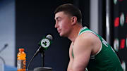 Sep 29, 2025; Boston, MA, USA; Boston Celtics guard Payton Pritchard (11) talks with reporters during media day at the Auerbach Center. Mandatory Credit: David Butler II-Imagn Images