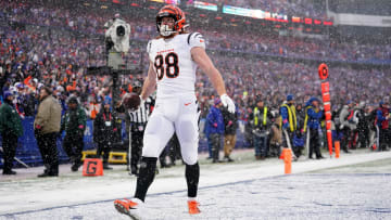 Cincinnati Bengals tight end Hayden Hurst (88) celebrates a touchdown catch catches pass in the