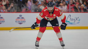 May 9, 2025; Sunrise, Florida, USA; Florida Panthers defenseman Aaron Ekblad (5) looks on against the Toronto Maple Leafs during the second period in game three of the second round of the 2025 Stanley Cup Playoffs at Amerant Bank Arena. Mandatory Credit: Sam Navarro-Imagn Images