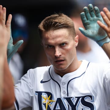 Tampa Bay Rays left fielder Jake Mangum (28) reacts after hitting an inside the park home run against the Oakland Athletics in the second inning at George M. Steinbrenner Field.
