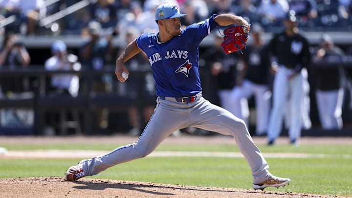Feb 28, 2026; Tampa, Florida, USA; Toronto Blue Jays starting pitcher Jose Berrios (17) throws a pitch against the New York Yankees in the first inning during spring training at George M. Steinbrenner Field. Mandatory Credit: Nathan Ray Seebeck-Imagn Images