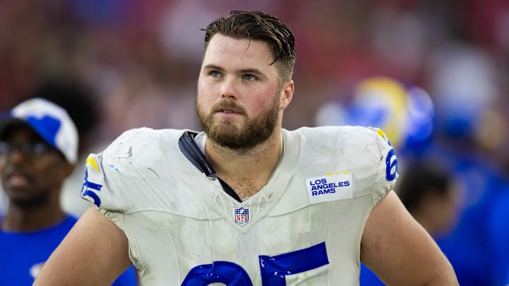 Nov 26, 2023; Glendale, Arizona, USA; Los Angeles Rams center Coleman Shelton (65) against the Arizona Cardinals at State Farm Stadium. Mandatory Credit: Mark J. Rebilas-Imagn Images