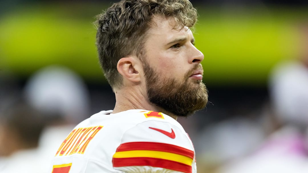 Feb 9, 2025; New Orleans, LA, USA;  Kansas City Chiefs kicker Harrison Butker (7) against the Philadelphia Eagles in Super Bowl LIX at Ceasars Superdome. Mandatory Credit: Mark J. Rebilas-Imagn Images