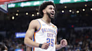 Oct 30, 2024; Oklahoma City, Oklahoma, USA; Oklahoma City Thunder guard Ajay Mitchell (25) reacts after a play against the San Antonio Spurs during the second quarter at Paycom Center. Mandatory Credit: Alonzo Adams-Imagn Images