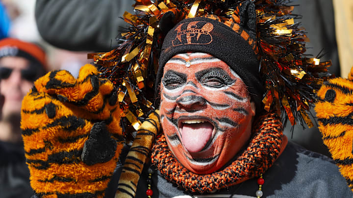 Jan 4, 2026; Cincinnati, Ohio, USA; A Cincinnati Bengals fan waves before a game between the Bengals and Cleveland Browns at Paycor Stadium. Mandatory Credit: Joseph Maiorana-Imagn Images