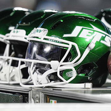 Aug 17, 2024; Charlotte, North Carolina, USA; New York Jets helmets during the second half against the Carolina Panthers at Bank of America Stadium. Mandatory Credit: Jim Dedmon-Imagn Images