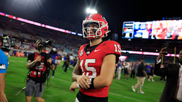 Georgia Bulldogs quarterback Carson Beck (15) walks off the field after the game of an NCAA college football matchup Saturday, Nov. 2, 2024 at EverBank Stadium in Jacksonville, Fla. The Georgia Bulldogs defeated the Florida Gators 34-20.