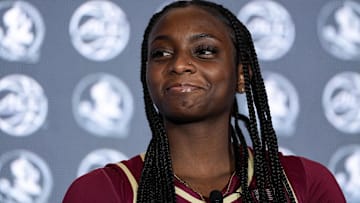 Oct 9, 2024; Charlotte, NC, USA;  Florida State player Ta'Niya Latson during ACC Media Days at The Hilton Charlotte Uptown. Mandatory Credit: Jim Dedmon-Imagn Images