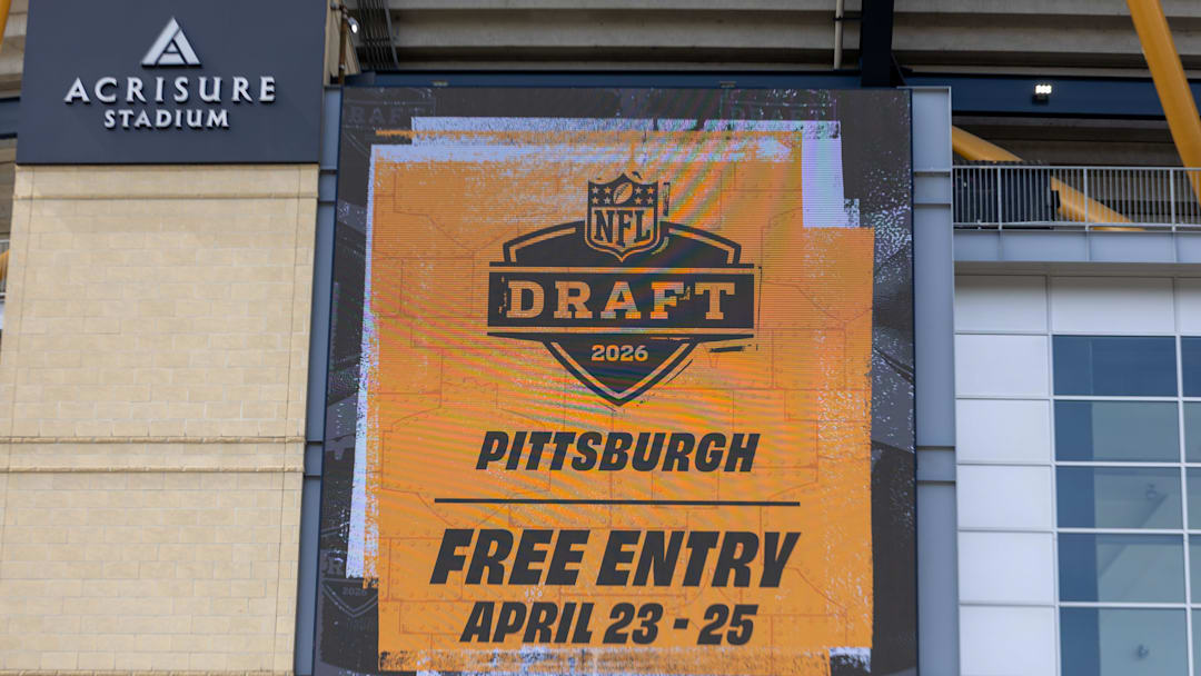 An advertisment for the 2026 NFL Draft is displayed on a video board outside Acrisure Stadium, Wednesday, March 25, 2026 in Pittsburgh, Pa.