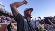 Georgia Tech Yellow Jackets head coach Brent Key celebrates after a victory over the Virginia Tech Hokies at Bobby Dodd Stadium at Hyundai Field.