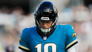 Jacksonville Jaguars quarterback Mac Jones (10) walks off the field during the fourth quarter Sunday, Dec. 15, 2024 at EverBank Stadium in Jacksonville, Fla. The Jets held off the Jaguars 32-25. [Corey Perrine/Florida Times-Union]