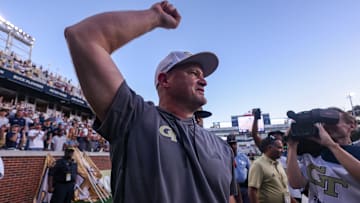 Georgia Tech Yellow Jackets head coach Brent Key celebrates after a victory over the Virginia Tech Hokies at Bobby Dodd Stadium at Hyundai Field.