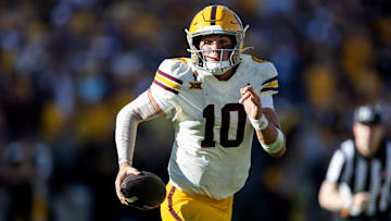 Oct 18, 2025; Tempe, Arizona, USA; Arizona State Sun Devils quarterback Sam Leavitt (10) against the Texas Tech Red Raiders in the second half at Mountain America Stadium. Mandatory Credit: Mark J. Rebilas-Imagn Images