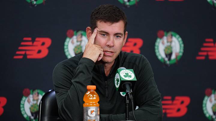 Sep 29, 2025; Boston, MA, USA; Boston Celtics president of basketball operations Brad Stevens talks to reporters during media day at the Auerbach Center. Mandatory Credit: David Butler II-Imagn Images