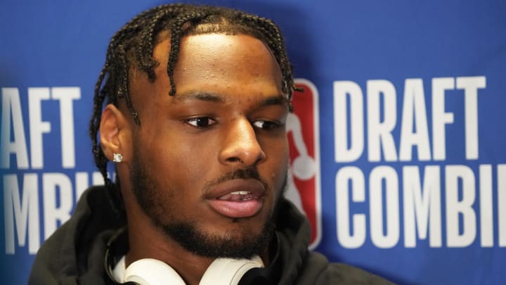 May 14, 2024; Chicago, IL, USA; Bronny James talks to the media during the 2024 NBA Draft Combine at Wintrust Arena. Mandatory Credit: David Banks-USA TODAY Sports