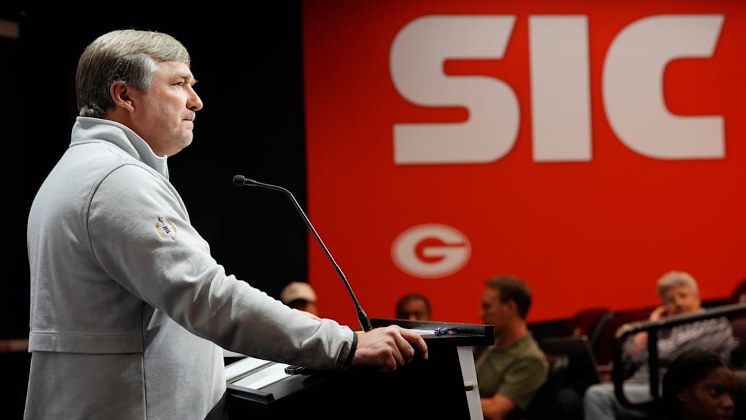 Georgia coach Kirby Smart speaks to the media on the first day of spring practice in Athens, Ga., on Tuesday, March 11, 2025. Georgia coach Kirby Smart speaks to the media on the first day of spring practice in Athens, Ga., on Tuesday, March 11, 2025.