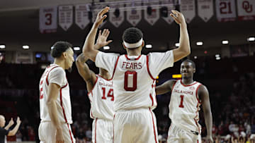 Mar 5, 2025; Norman, Oklahoma, USA; Oklahoma Sooners guard Jeremiah Fears (0) gestures after scoring against the Missouri Tigers during the second half at Lloyd Noble Center. Mandatory Credit: Alonzo Adams-Imagn Images
