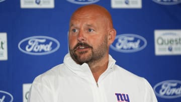 Jul 25, 2024; East Rutherford, NY, USA; New York Giants head coach Brian Daboll speaks at a press conference before training camp at Quest Diagnostics Training Center. Mandatory Credit: Lucas Boland-USA TODAY Sports